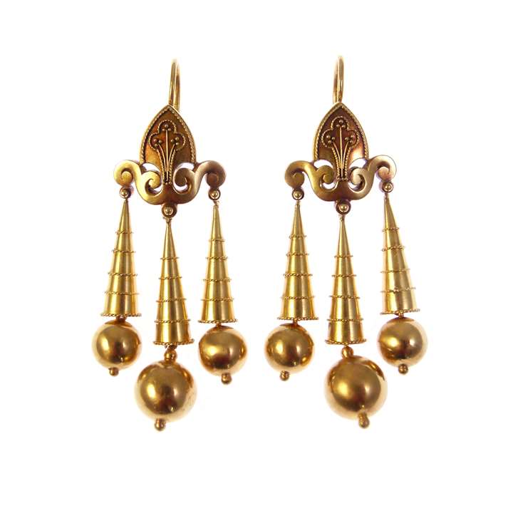Pair of 19th century archaeological revival style gold triple drop pendant earrings